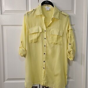 New Life Button Up Tab Sleeved Lightweight Yellow Oversized Gauzy Blouse Medium